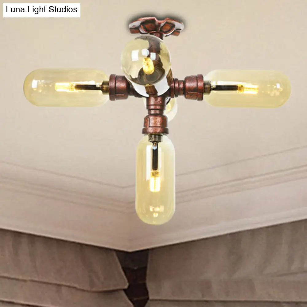 Industrial Style Amber Glass Semi Flush Mount Ceiling Light With Weathered Copper Finish - 3/4/5