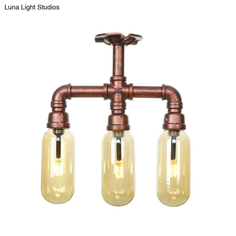 Industrial Style Amber Glass Semi Flush Mount Ceiling Light With Weathered Copper Finish - 3/4/5