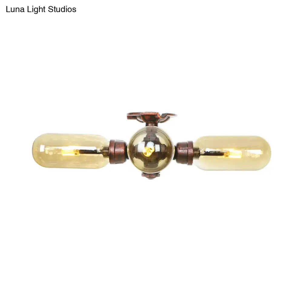 Industrial Style Amber Glass Semi Flush Mount Ceiling Light With Weathered Copper Finish - 3/4/5
