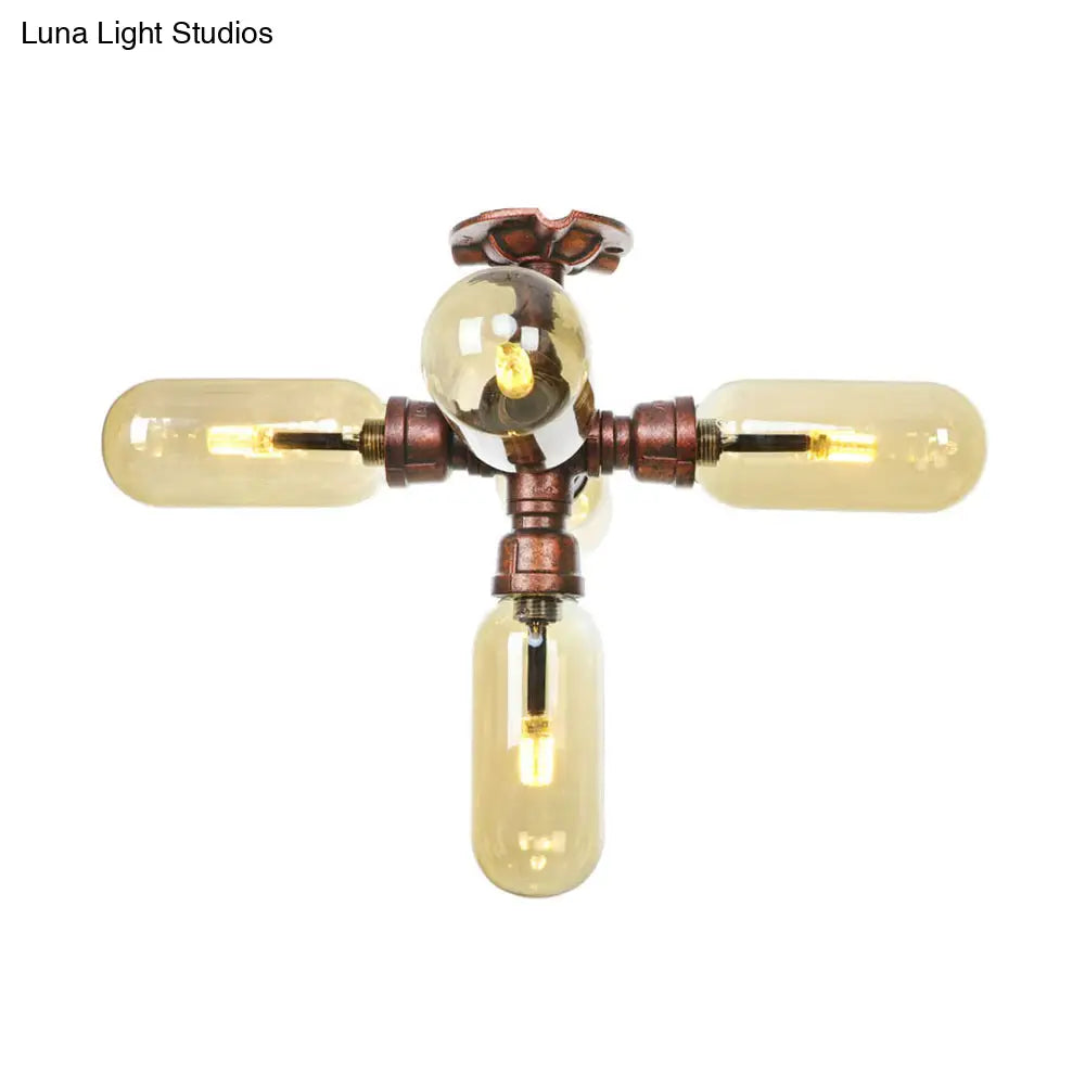 Industrial Style Amber Glass Semi Flush Mount Ceiling Light With Weathered Copper Finish - 3/4/5