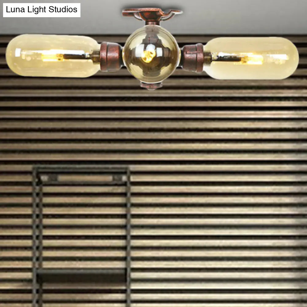Industrial Style Amber Glass Semi Flush Mount Ceiling Light With Weathered Copper Finish - 3/4/5