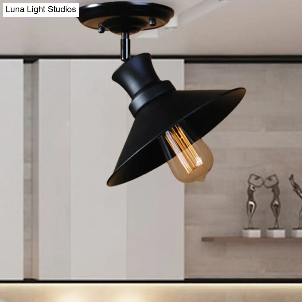 Industrial Style Bar Ceiling Light Fixture - Flared Semi Flush Black Metal With Rotatable Bulb