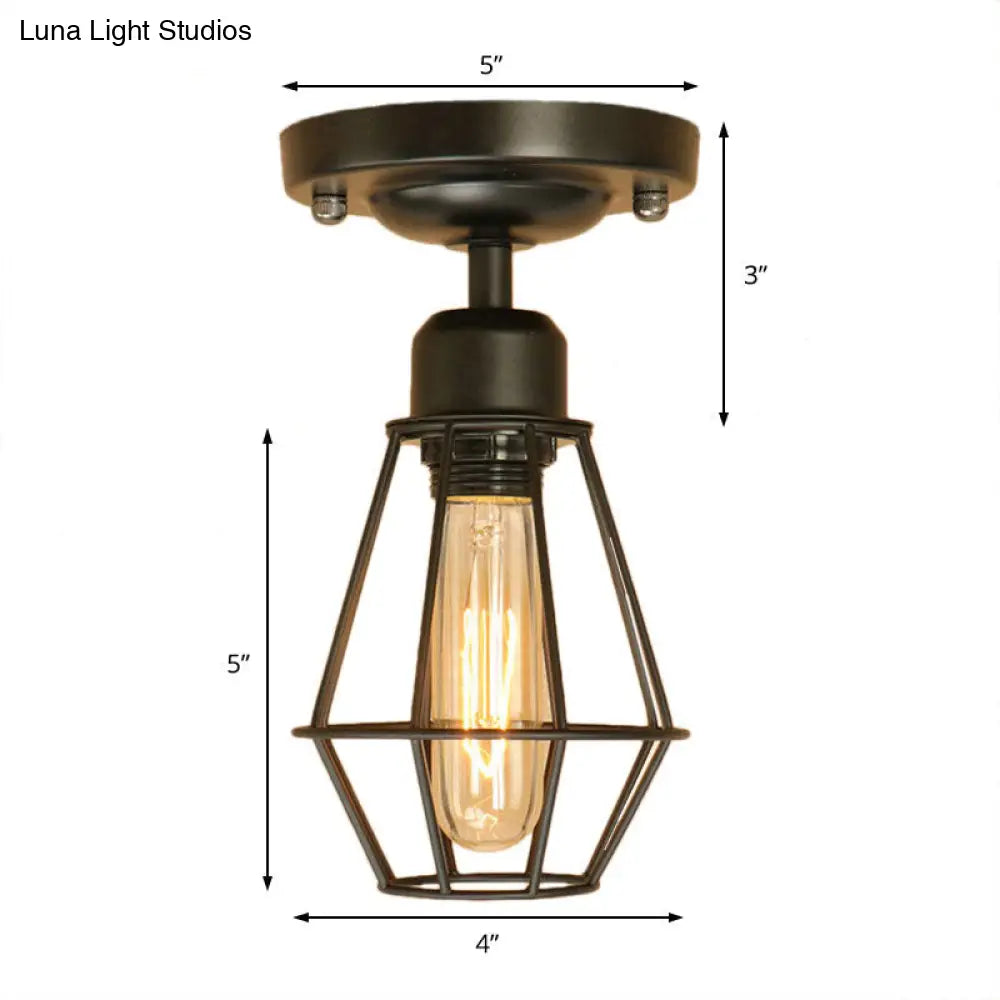 Industrial Style Black Iron Semi Flush Mount Ceiling Light With Open Cage Design For Living Room