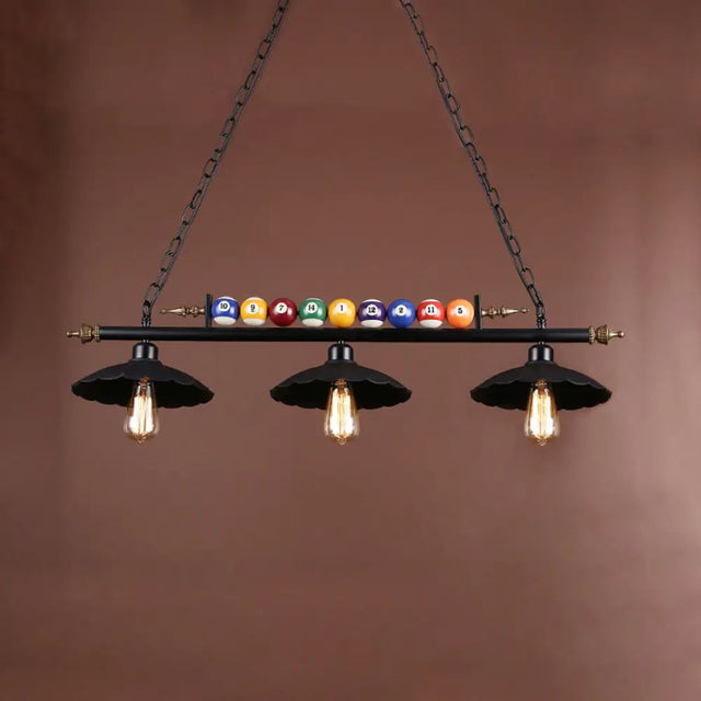 Industrial Style Black Metal Billiard Light With Scalloped Shade - 3-Light Island Pendant