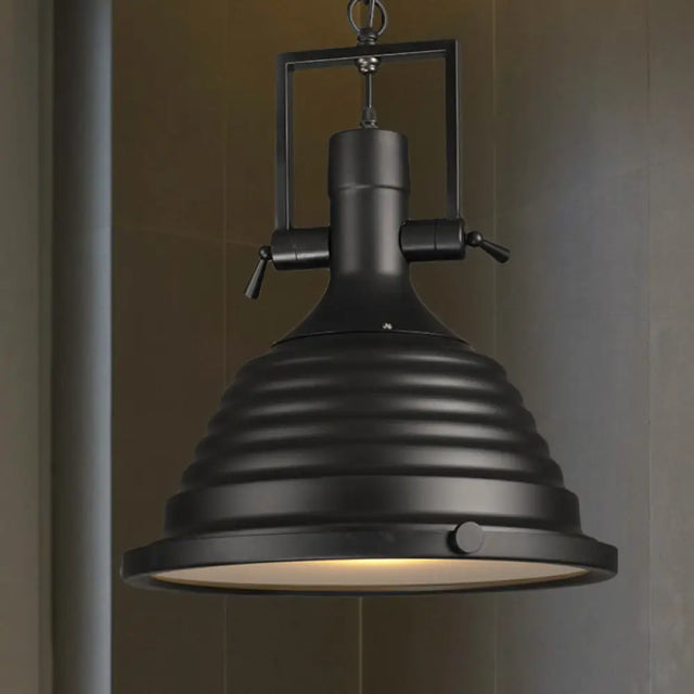 1 Bulb Black Pendant Light With Metallic Ripple Shade - Industrial Style Hanging Lamp Frosted