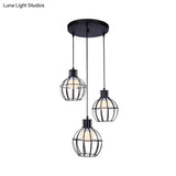 Industrial Style Black Pendant Light With 3 Bulbs Wire Globe Shade - Ideal For Dining Room