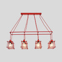 Industrial Style Black/Red Metal Island Pendant Light With 8 Bulbs & Squared Cage Shade Red