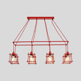 Industrial Style Black/Red Metal Island Pendant Light With 8 Bulbs & Squared Cage Shade Red