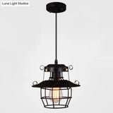Industrial Style Black Wrought Iron Pendant Light With Adjustable Cord - 1-Light Hanging Ceiling
