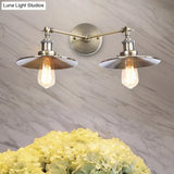 Industrial Style Brass/Rust Metal Wall Mount Fixture With Flat Shade For Corridor - Set Of 2 Bulbs