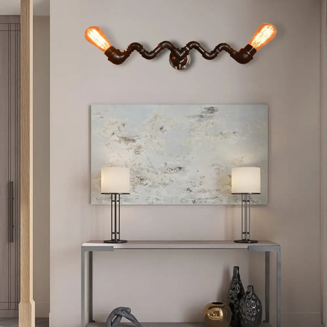 Industrial Style Bronze Wall Sconce With Wavy Design - Metallic Pipe Finish 2/5 Bulbs Perfect For