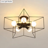 Industrial Style Ceiling Light: 5 - Bulb Flush Mount Fixture With Iron Frame Lampshade - Dining