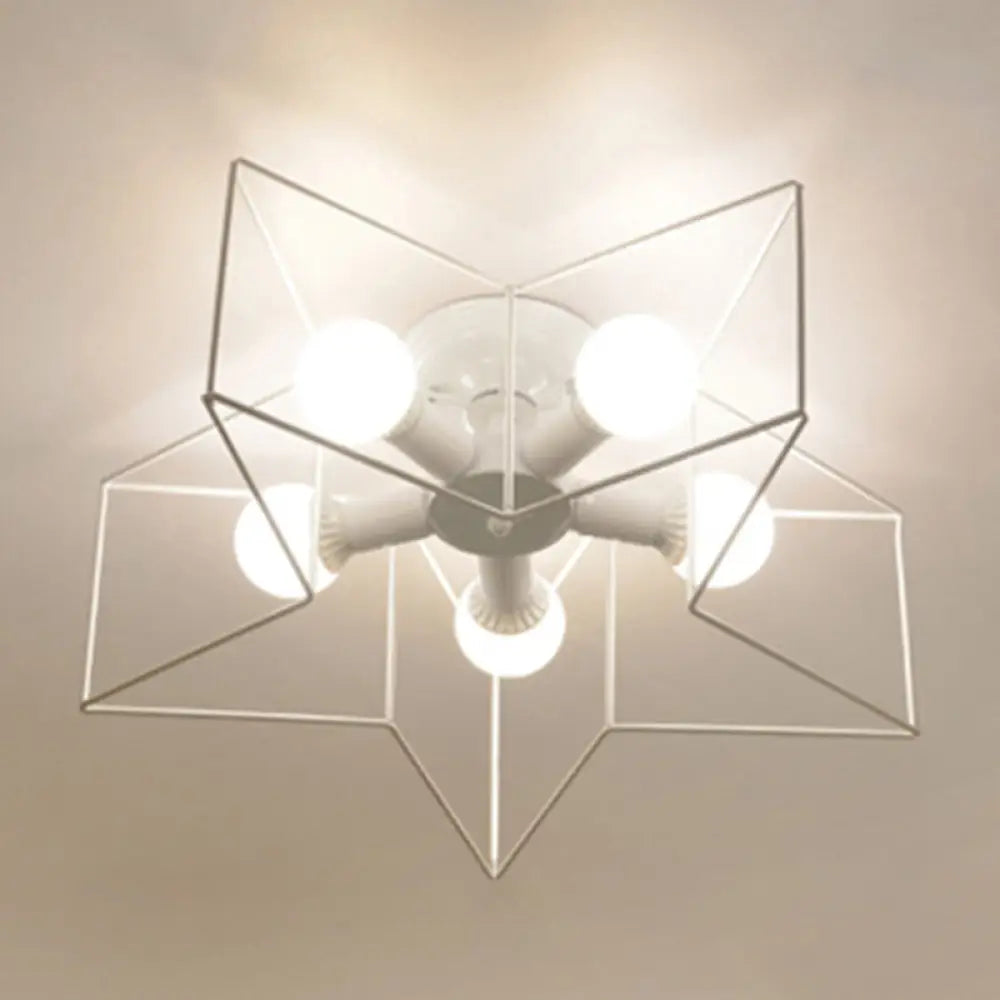 Industrial Style Ceiling Light: 5 - Bulb Flush Mount Fixture With Iron Frame Lampshade - Dining