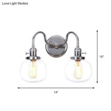Industrial Style Chrome Wall Sconce With Clear Glass Globe/Cone Wavy Arm - 2 Light Kit For Corridor