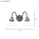 Industrial Style Chrome Wall Sconce With Clear Glass Globe/Cone Wavy Arm - 2 Light Kit For Corridor