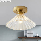 Industrial-Style Cone Glass Ceiling Light - Single Bulb Semi Flush Mount Fixture In Brass With Clear