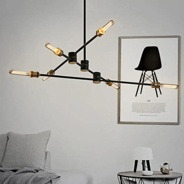 Industrial Style Linear Chandelier Light - 6-Light Metallic Ceiling Fixture in Black for Living Room Black