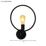 Industrial Style Metal Circular Bathroom Wall Sconce Light - 1 Bulb Black Finish