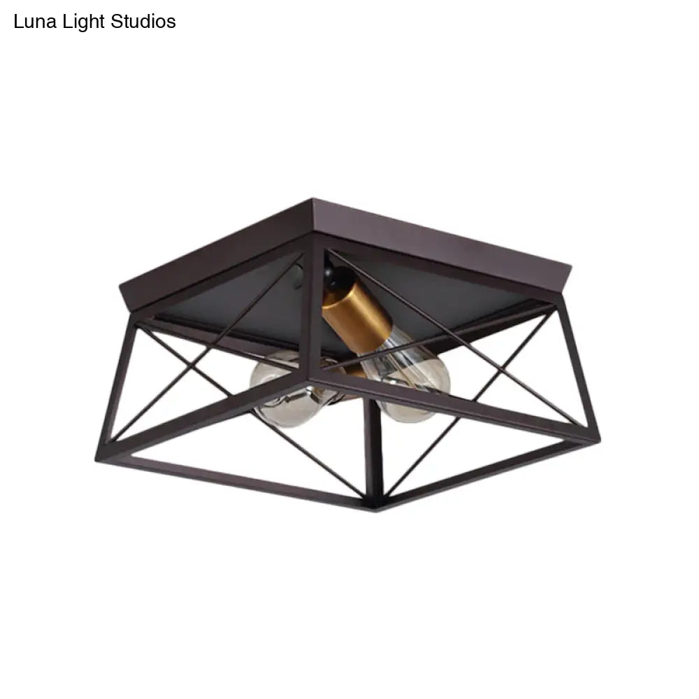 Industrial Style Metal Flush Ceiling Light Fixture - 10’/12’ Wide 2 Bulbs Coffee Tone Ideal For