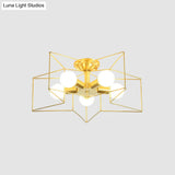 Industrial Style Metal Star Cage Flush Mount In Gold - Bedroom Ceiling Lighting