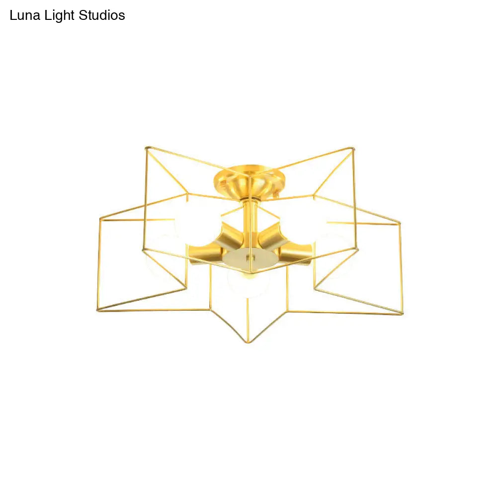 Industrial Style Metal Star Cage Flush Mount In Gold - Bedroom Ceiling Lighting