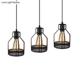 Industrial Style Metallic Black Wire Cage Pendant Light With 3 Heads - Perfect For Foyer Suspension