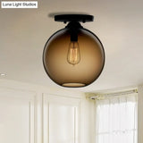 Industrial Style Semi-Flush Ceiling Light With Globe Shade In Red/Brown/Blue Glass For Dining Room