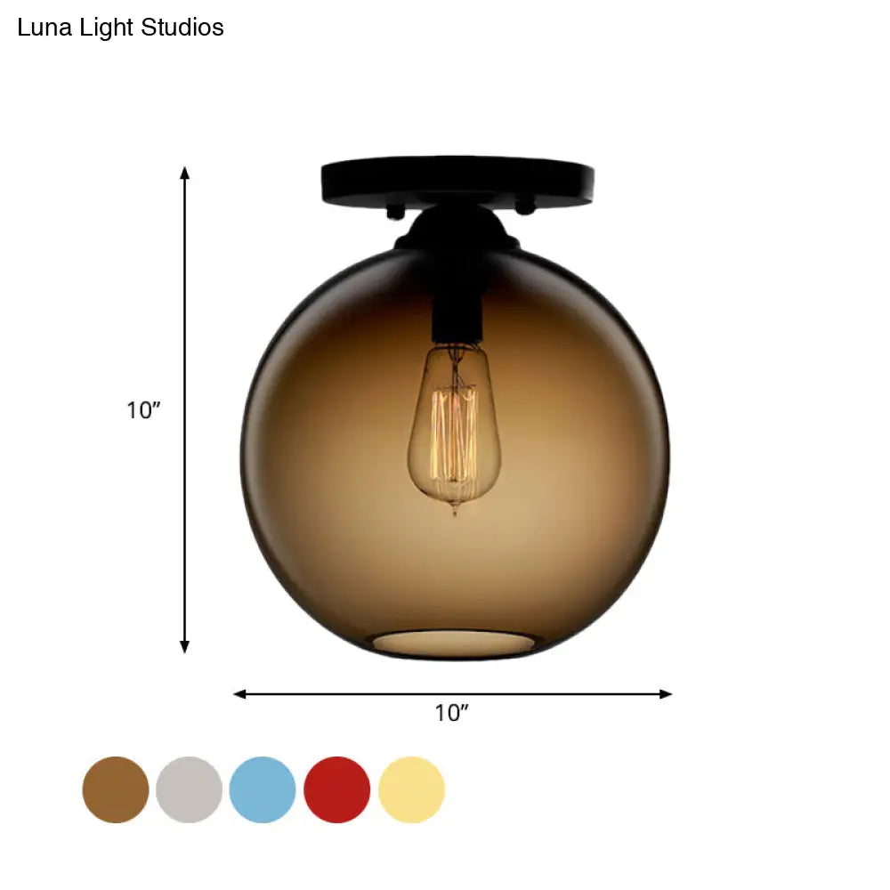 Industrial Style Semi-Flush Ceiling Light With Globe Shade In Red/Brown/Blue Glass For Dining Room