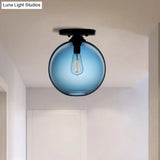 Industrial Style Semi-Flush Ceiling Light With Globe Shade In Red/Brown/Blue Glass For Dining Room