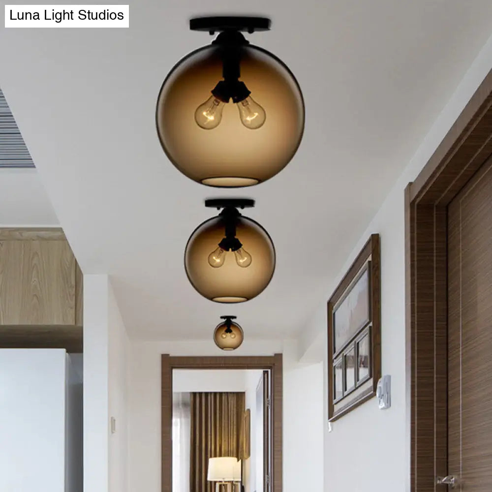 Industrial Style Semi-Flush Ceiling Light With Globe Shade In Red/Brown/Blue Glass For Dining Room