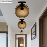 Industrial Style Semi-Flush Ceiling Light With Globe Shade In Red/Brown/Blue Glass For Dining Room