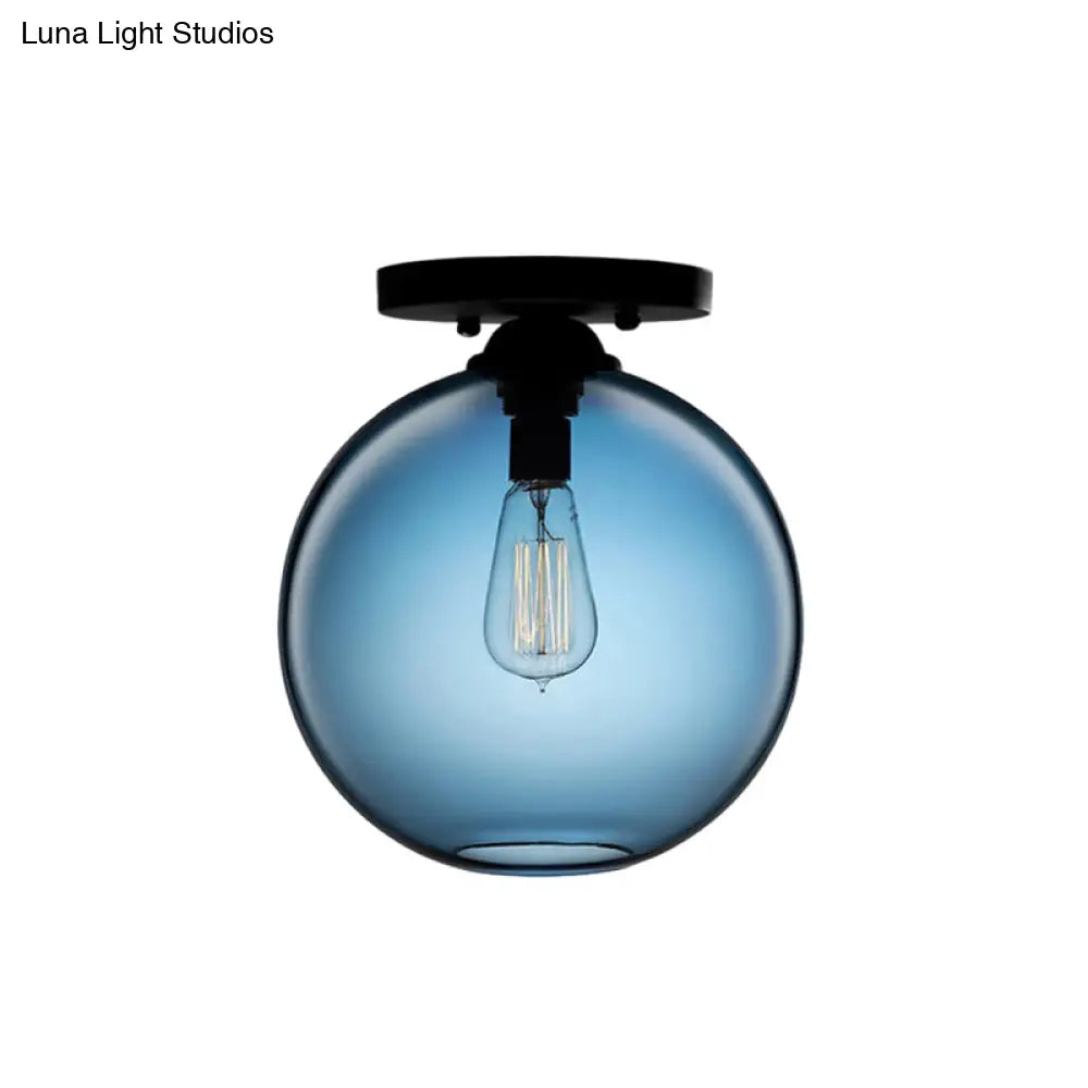 Industrial Style Semi-Flush Ceiling Light With Globe Shade In Red/Brown/Blue Glass For Dining Room