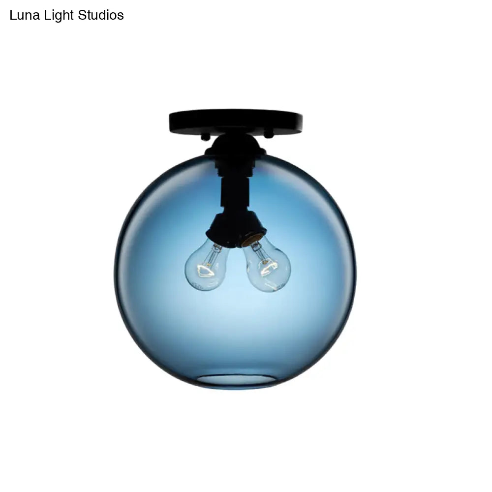 Industrial Style Semi-Flush Ceiling Light With Globe Shade In Red/Brown/Blue Glass For Dining Room