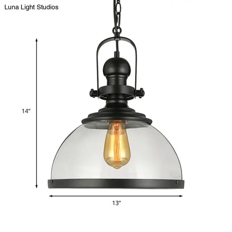 Industrial Style Single-Led Pendant Light: Black Clear Glass Lantern For Dining Room