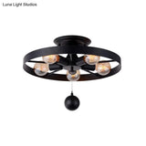 Industrial Style Wheel Semi Flush Light With Ball Accents - 5 - Light Metal Ceiling Fixture Black