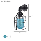Industrial Style Wire Cage Wall Sconce With Blue/Clear Glass Jar Shade And 1 Bulb - Perfect For