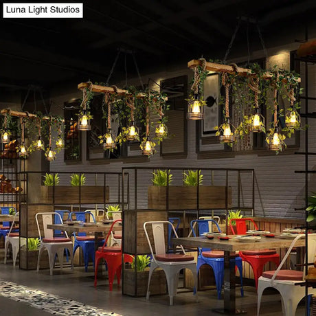 Industrial Style Wood Pendant Light With Cage Shade - Island Linear Chandelier Beige