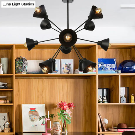 Industrial Stylish Metal Hanging Lamp With Sputnik Design - Cone Shade 9/12/15 Lights Black