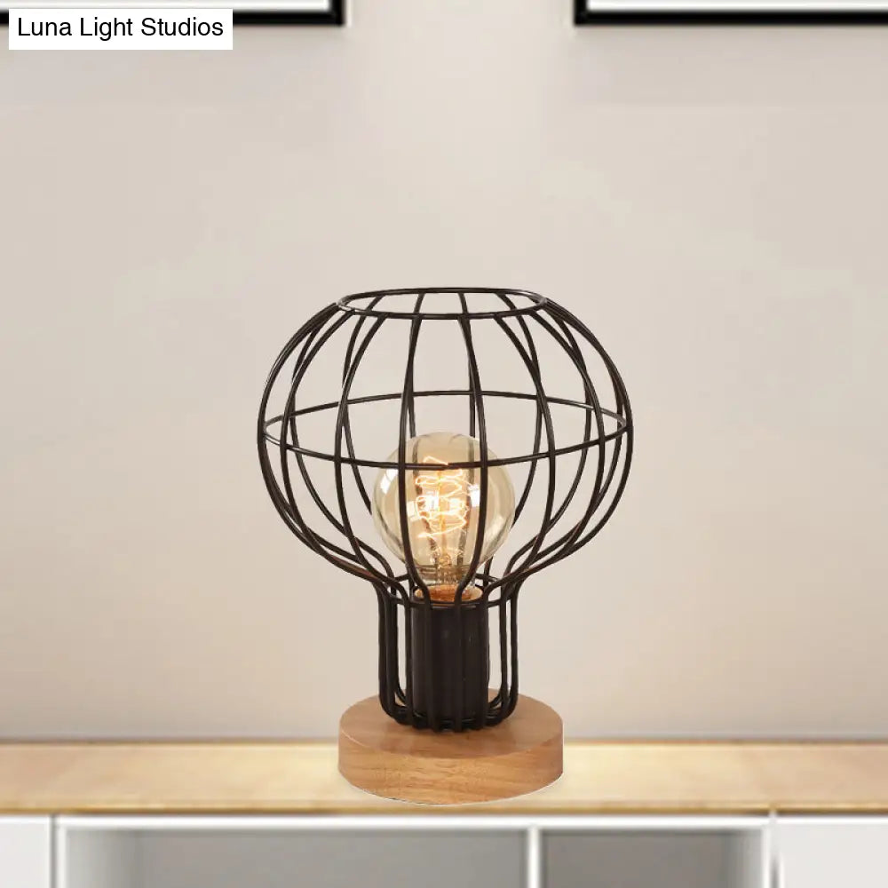Industrial Stylish Table Lamp With Wire Guard For Bedroom - Metal And Wood Task In Black
