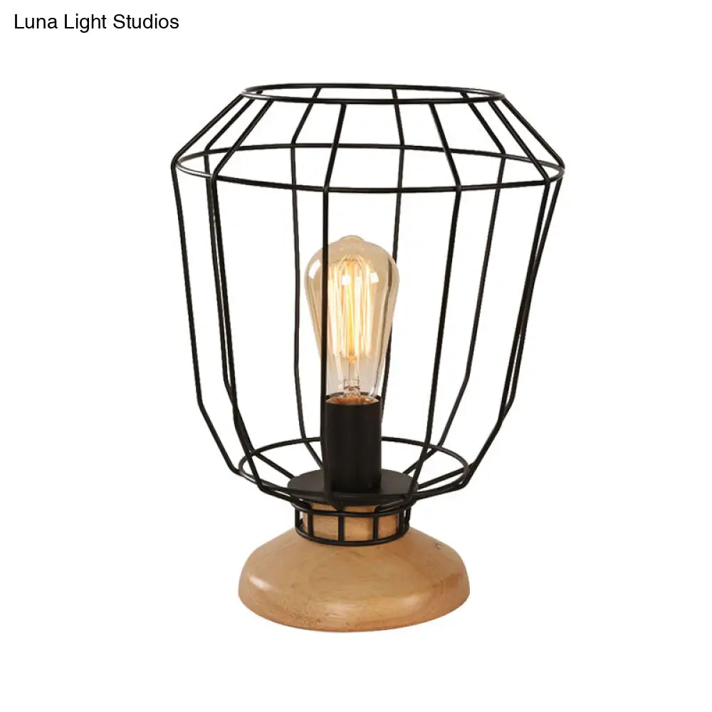 Industrial Stylish Table Lamp With Wire Guard For Bedroom - Metal And Wood Task In Black