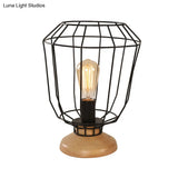 Industrial Stylish Table Lamp With Wire Guard For Bedroom - Metal And Wood Task In Black