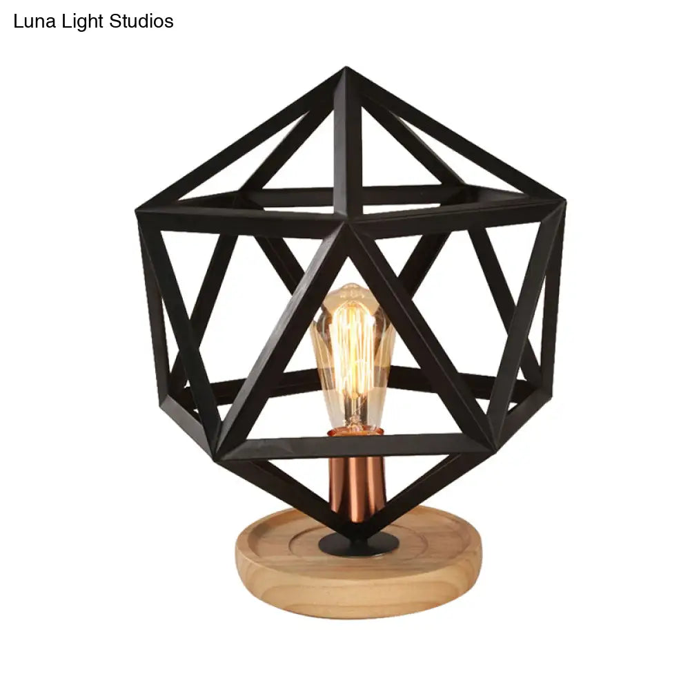 Industrial Stylish Table Lamp With Wire Guard For Bedroom - Metal And Wood Task In Black