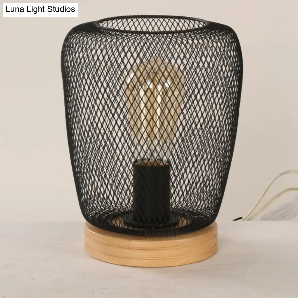 Industrial Stylish Table Lamp With Wire Guard For Bedroom - Metal And Wood Task In Black