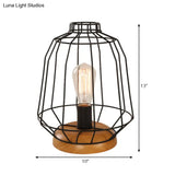 Industrial Stylish Table Lamp With Wire Guard For Bedroom - Metal And Wood Task In Black