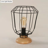 Industrial Stylish Table Lamp With Wire Guard For Bedroom - Metal And Wood Task In Black