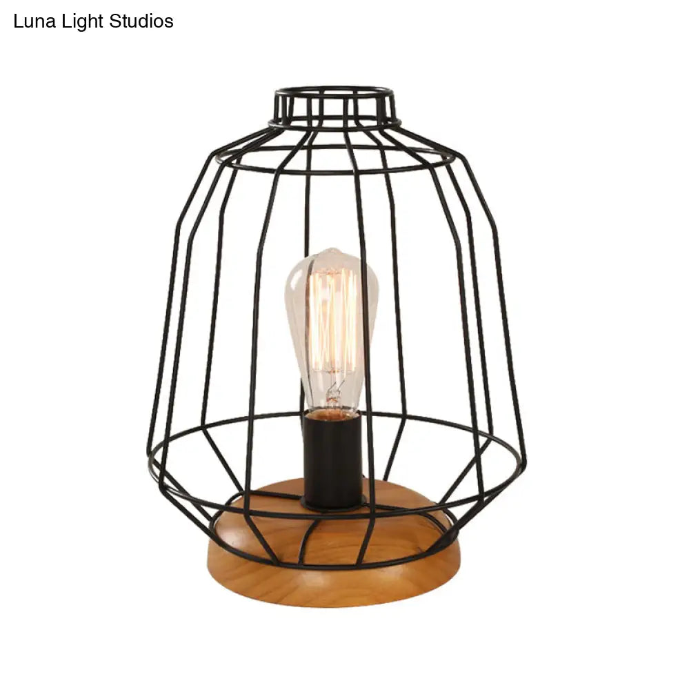 Industrial Stylish Table Lamp With Wire Guard For Bedroom - Metal And Wood Task In Black
