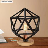 Industrial Stylish Table Lamp With Wire Guard For Bedroom - Metal And Wood Task In Black