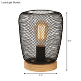 Industrial Stylish Table Lamp With Wire Guard For Bedroom - Metal And Wood Task In Black