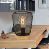 Industrial Stylish Table Lamp With Wire Guard For Bedroom - Metal And Wood Task In Black
