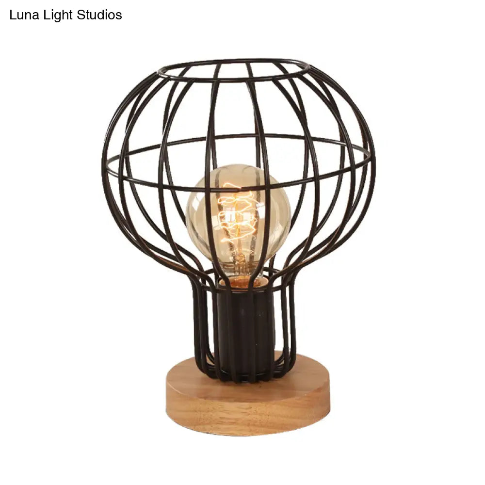 Industrial Stylish Table Lamp With Wire Guard For Bedroom - Metal And Wood Task In Black